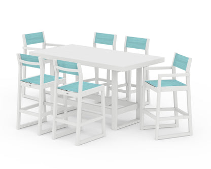 POLYWOOD® EDGE Sling 7-Piece Bar Table Set in White / Dupioni Aquamarine Sling