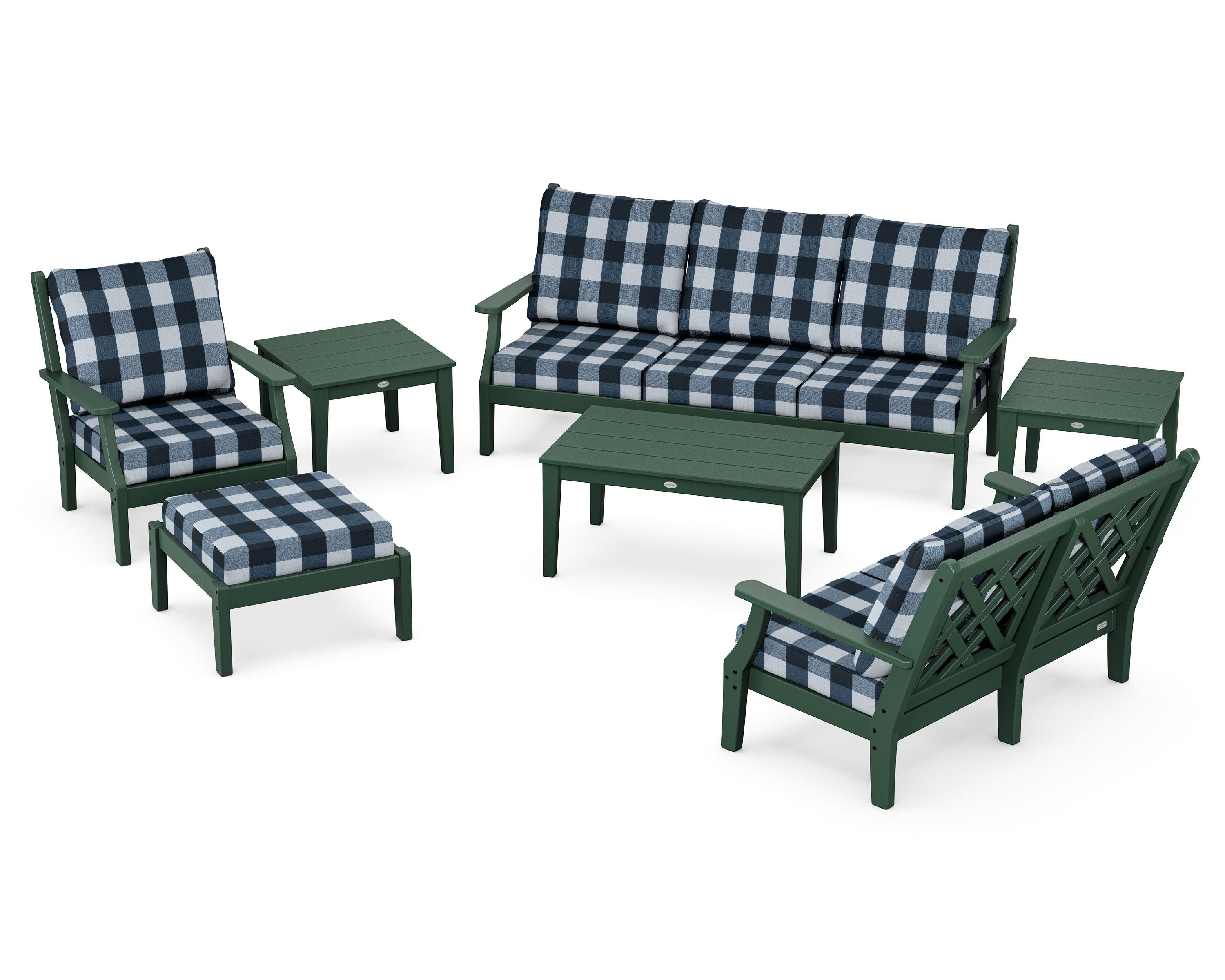 Country Living Wovendale 7-Piece Deep Seating Set in Green / Buffalo Plaid Marine Indigo
