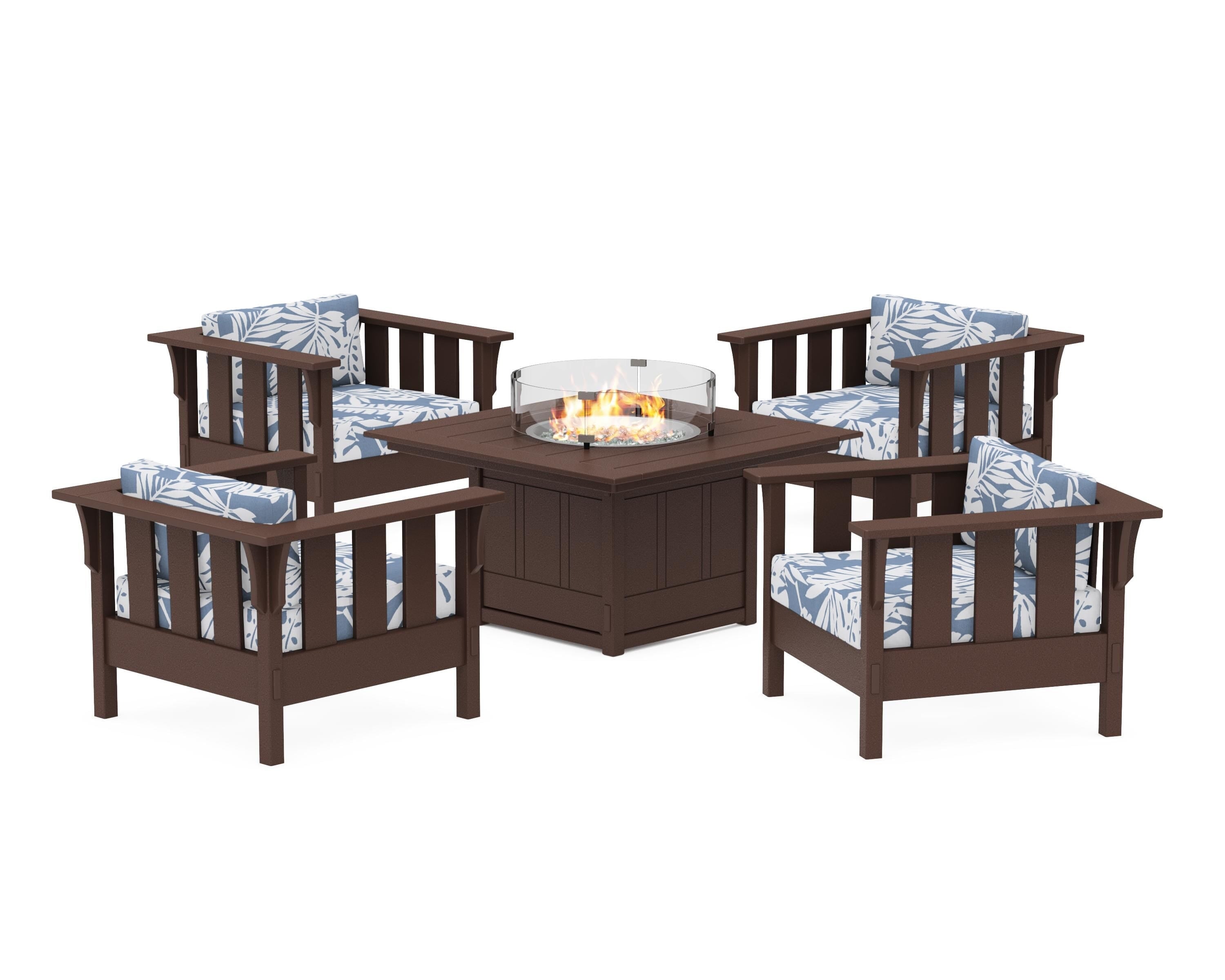 Martha Stewart by POLYWOOD® Acadia 5-Piece Deep Seating Set with Fire Pit Table in Mahogany / Leaf Sky Blue