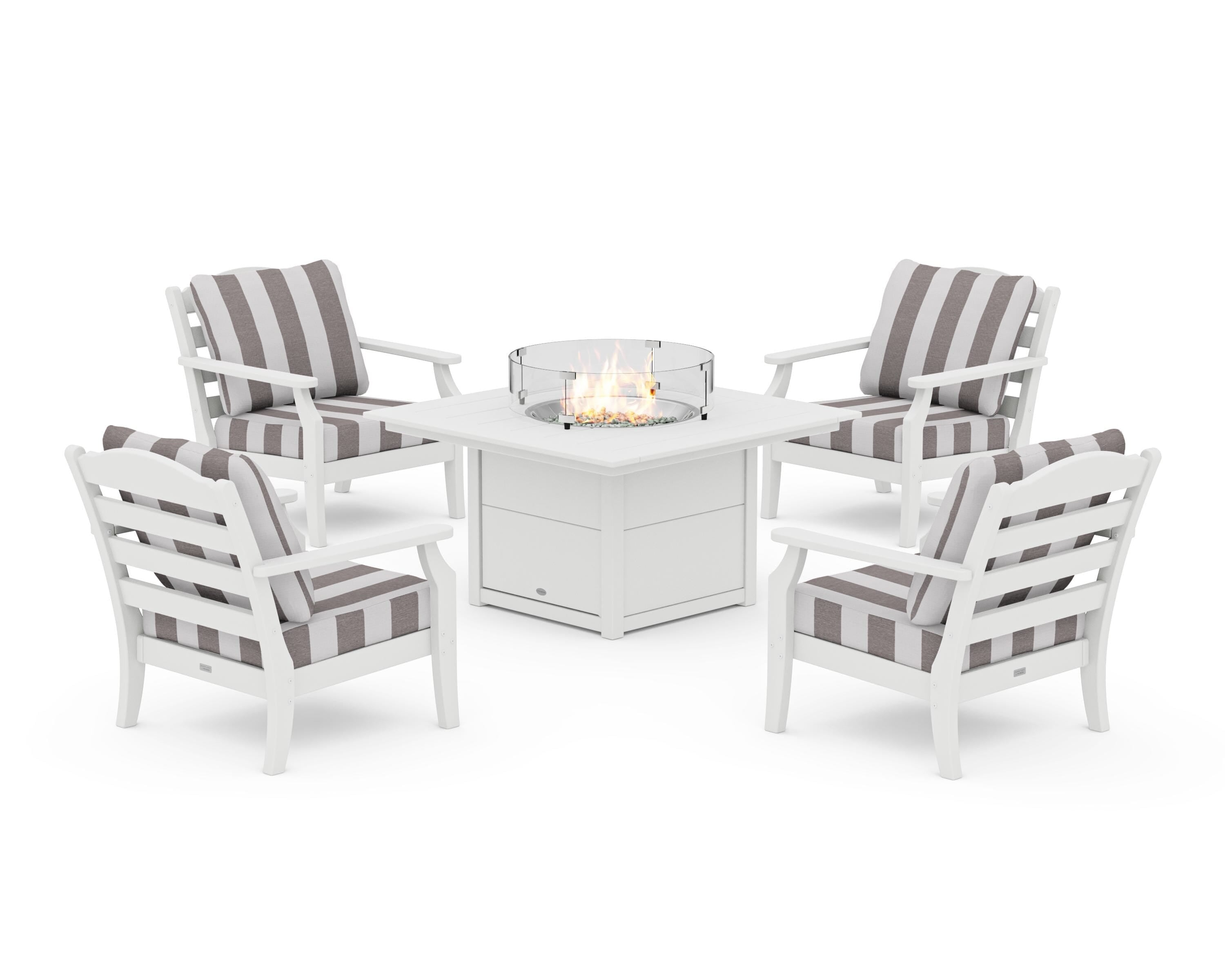 Draper James™ by  POLYWOOD® Savannah 5-Piece Deep Seating Set with Fire Pit Table in White / Cabana Stripe Grey Mist