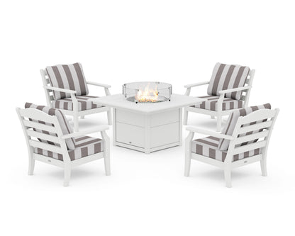 Draper James™ by  POLYWOOD® Savannah 5-Piece Deep Seating Set with Fire Pit Table in White / Cabana Stripe Grey Mist