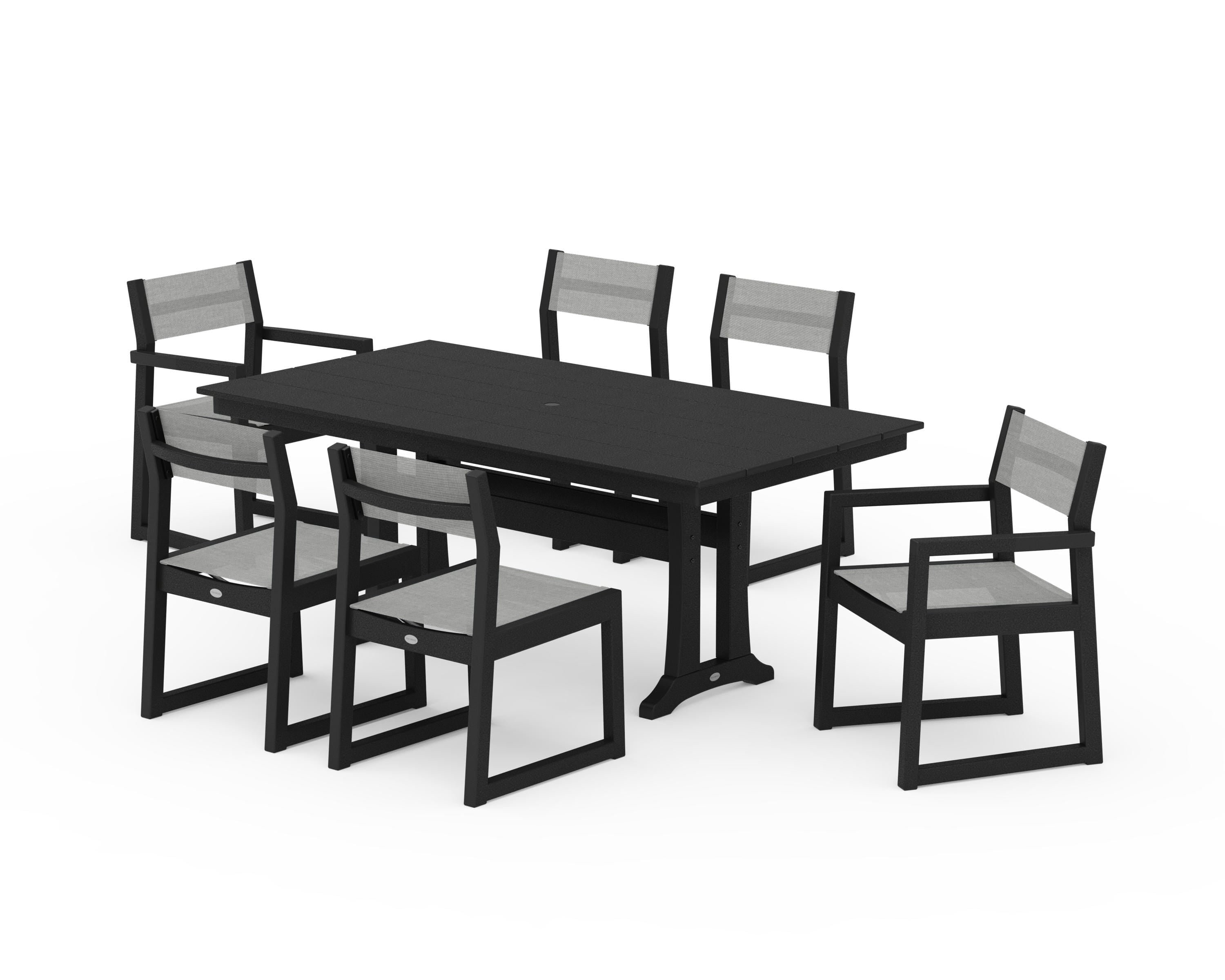 POLYWOOD® EDGE Sling 7-Piece Farmhouse Trestle Dining Set in Black / Metallic Sling