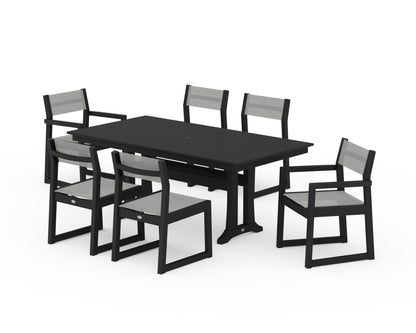 POLYWOOD® EDGE Sling 7-Piece Farmhouse Trestle Dining Set in Black / Metallic Sling