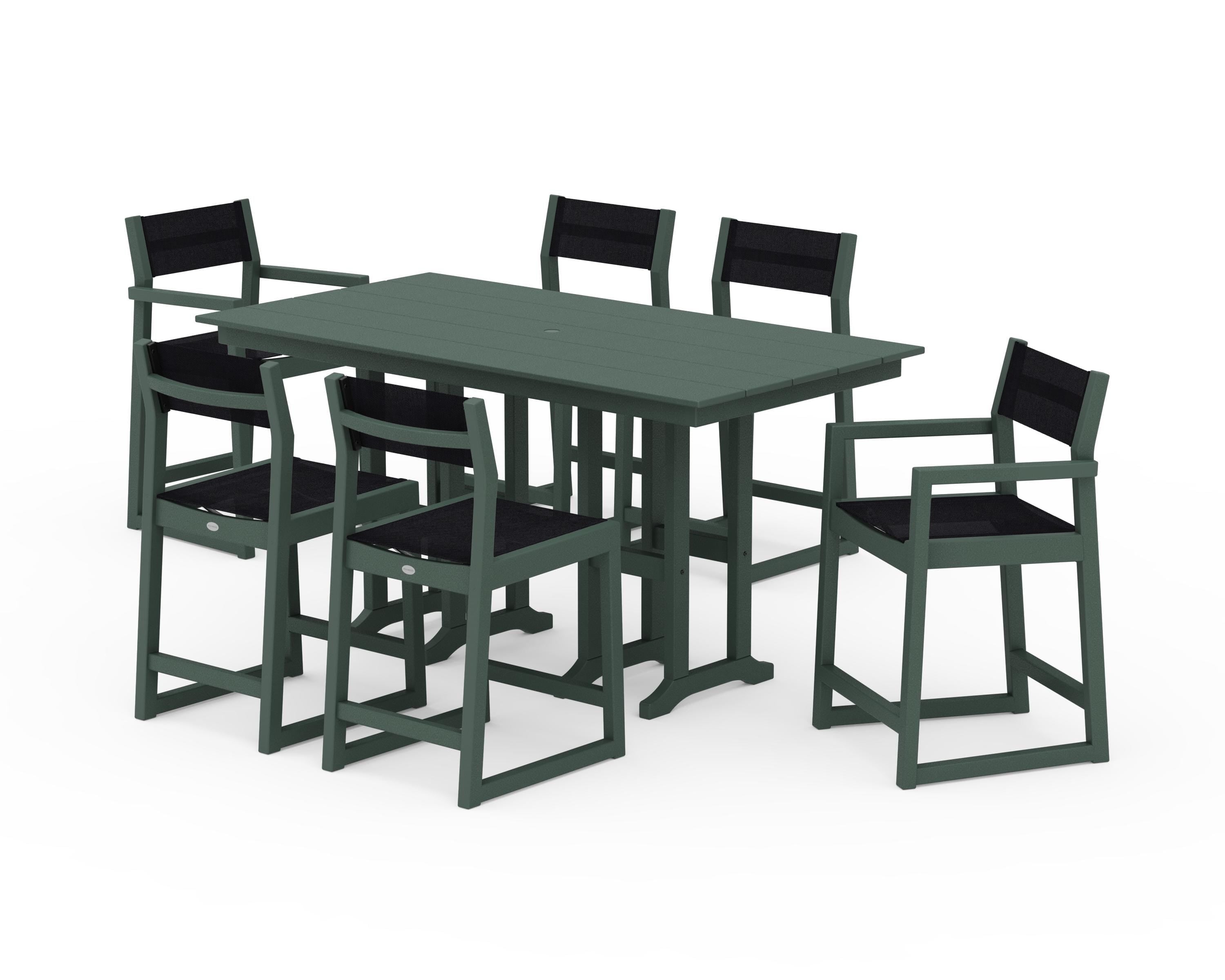 POLYWOOD® EDGE Sling 7-Piece Farmhouse Counter Set with Trestle Legs in Green / Black Sling