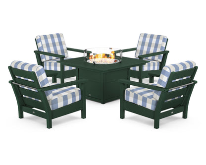 POLYWOOD® Harbour 5-Piece Conversation Set with Fire Pit Table in Green / Buffalo Plaid Sky Blue