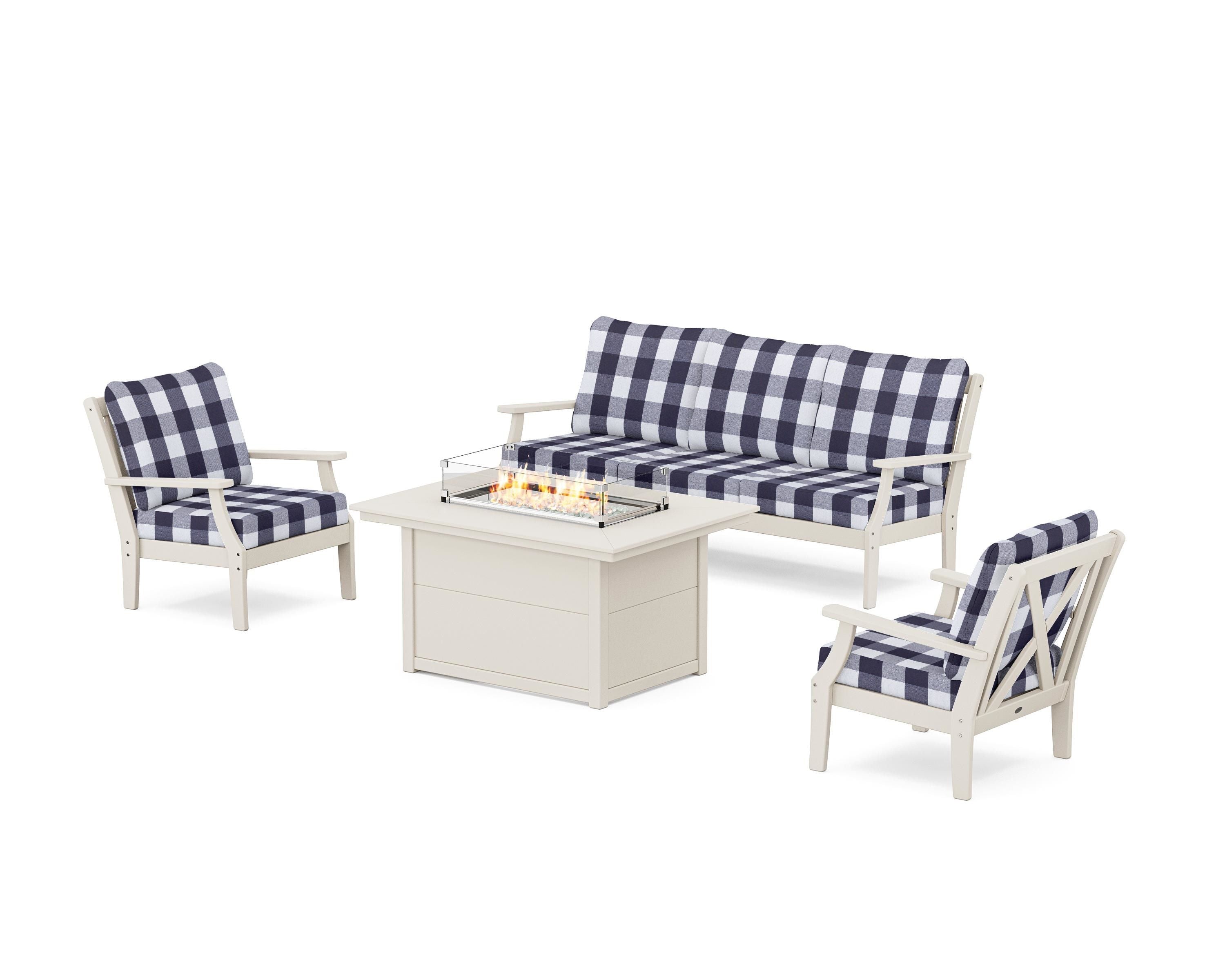 POLYWOOD® Braxton Deep Seating Fire Pit Table Set in Sand / Buffalo Plaid Navy