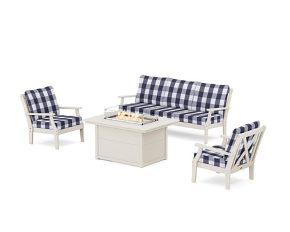 POLYWOOD® Braxton Deep Seating Fire Pit Table Set in Sand / Buffalo Plaid Navy