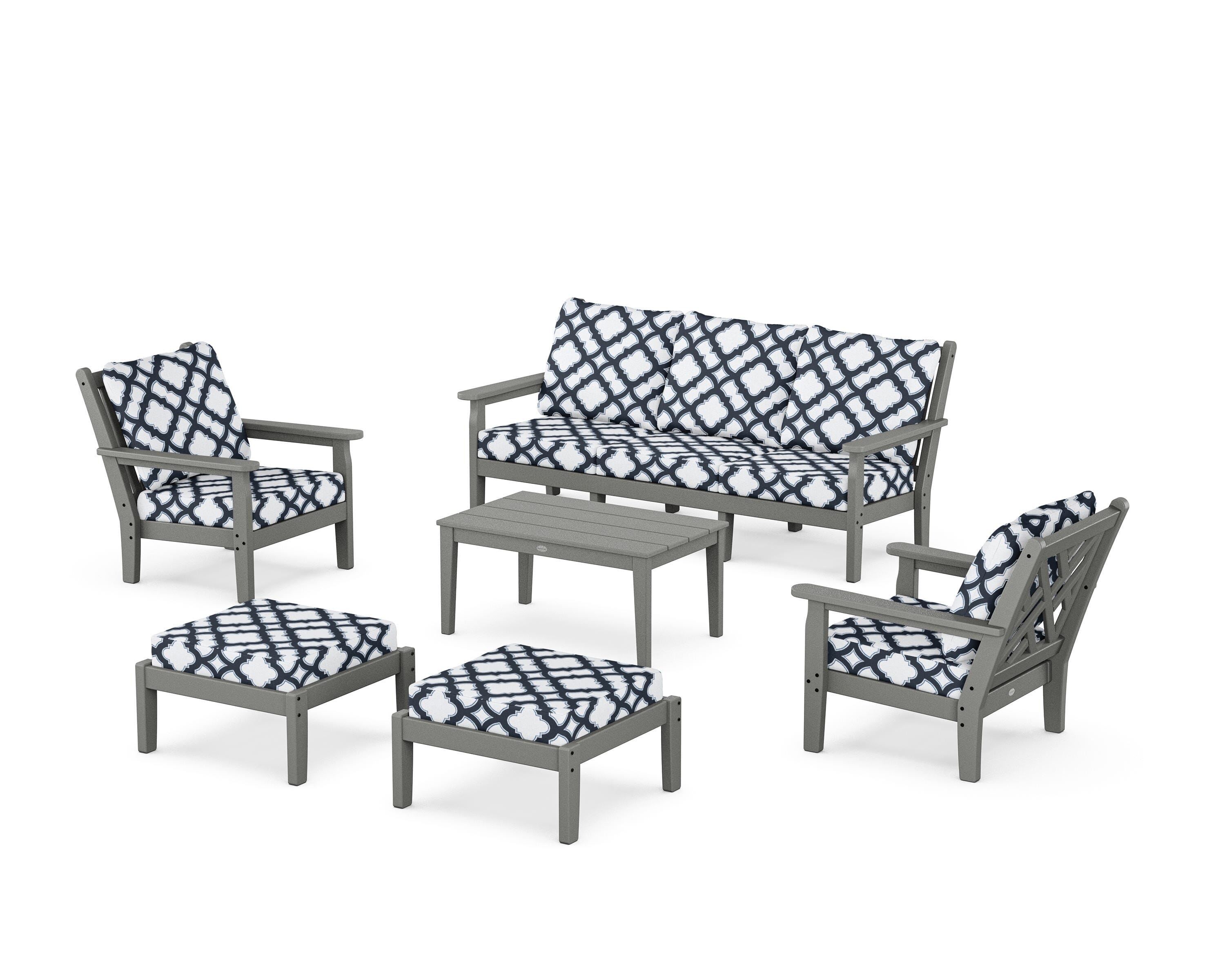 POLYWOOD® Chippendale 6-Piece Lounge Sofa Set in Slate Grey / Trellis Marine Indigo