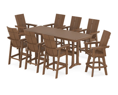 POLYWOOD® Modern Curveback Adirondack Swivel 9-Piece Bar Set with Trestle Legs in Teak