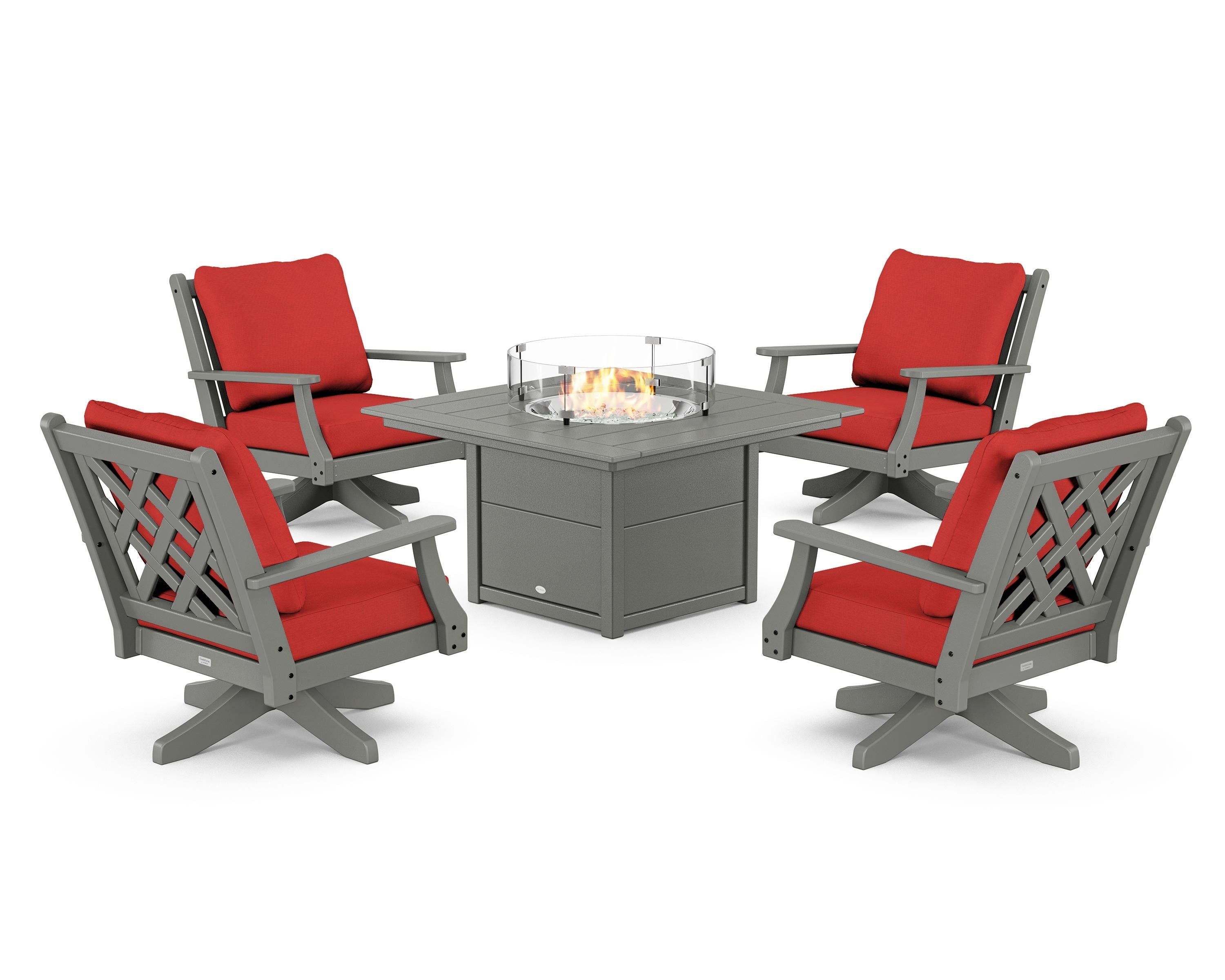 Country Living Wovendale 5-Piece Deep Seating Swivel Conversation Set with Fire Pit Table in Slate Grey / Crimson Linen