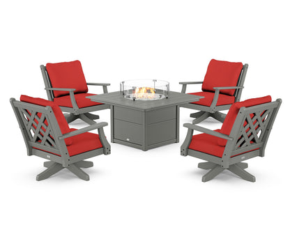 Country Living Wovendale 5-Piece Deep Seating Swivel Conversation Set with Fire Pit Table in Slate Grey / Crimson Linen