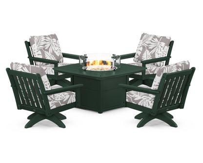 POLYWOOD® Vineyard 5-Piece Deep Seating Swivel Conversation Set with Fire Pit Table in Green / Leaf Grey Mist