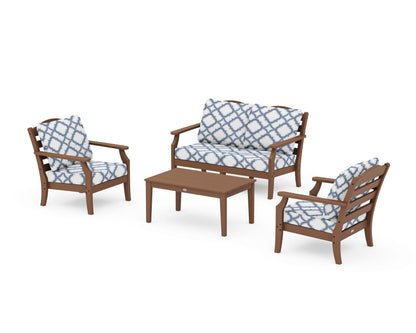 Draper James™ by  POLYWOOD® Savannah 4-Piece Deep Seating Set with Loveseat in Teak / Trellis Sky Blue