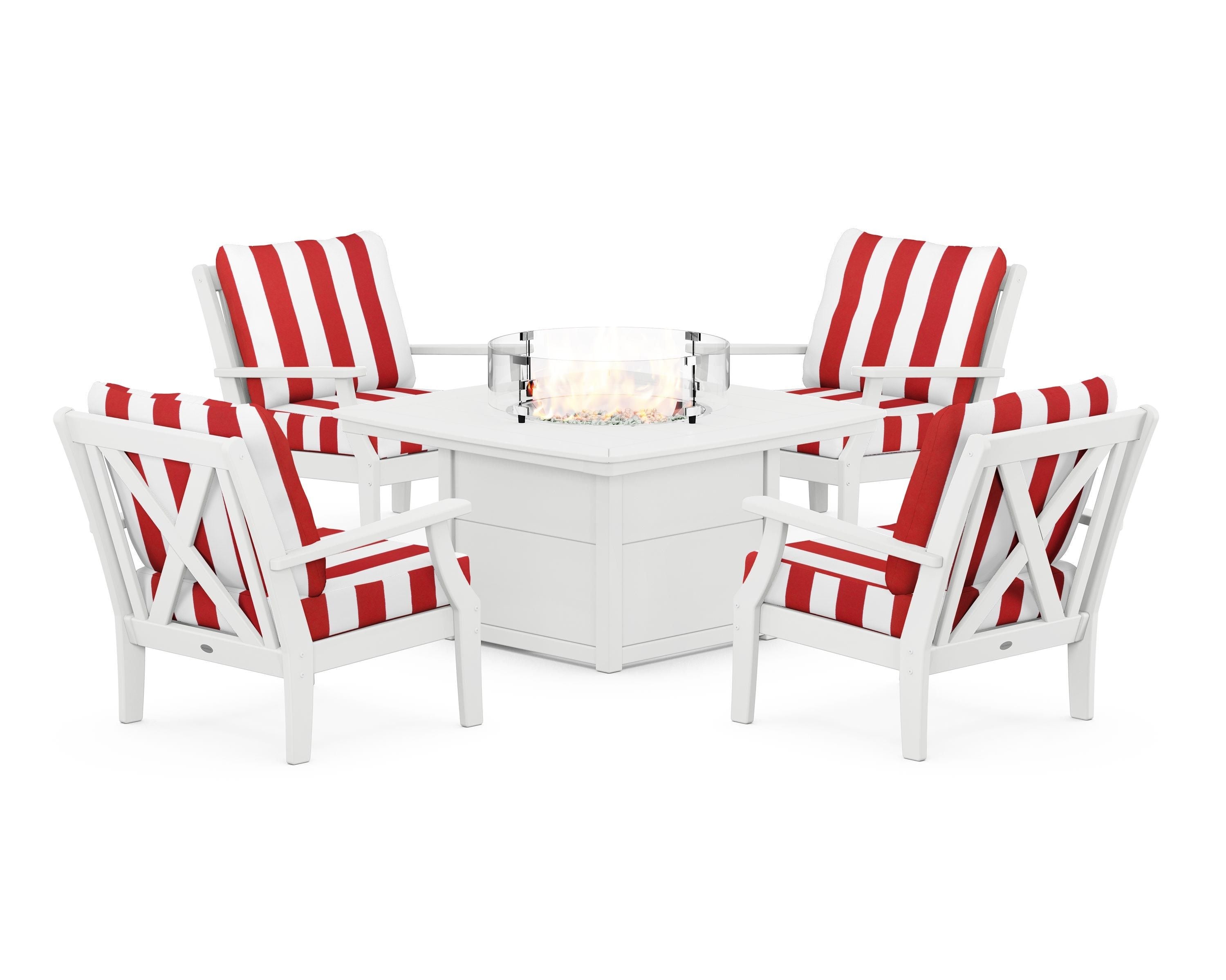 POLYWOOD® Braxton 5-Piece Deep Seating Conversation Set with Fire Pit Table in White / Cabana Stripe Crimson