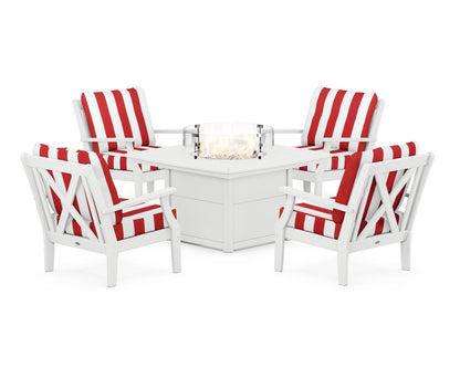 POLYWOOD® Braxton 5-Piece Deep Seating Conversation Set with Fire Pit Table in White / Cabana Stripe Crimson