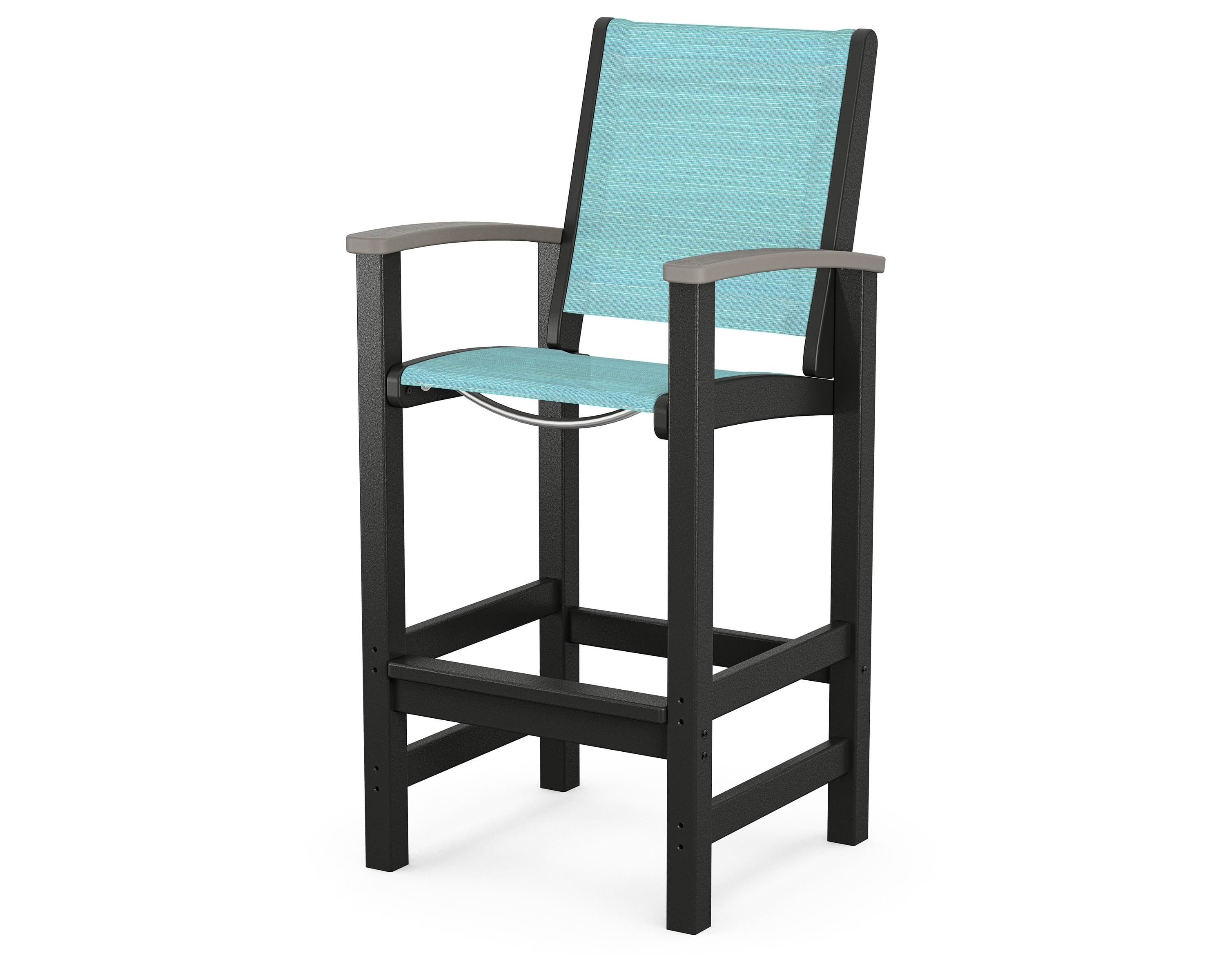 POLYWOOD® Coastal Bar Chair in Black / Driftwood / Dupioni Aquamarine Sling