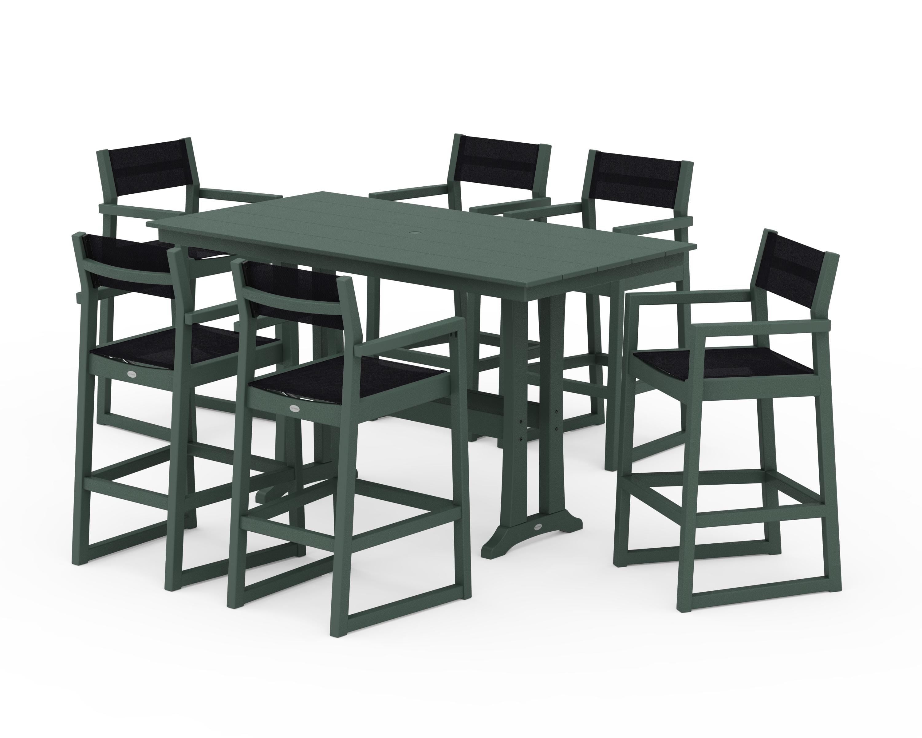 POLYWOOD® EDGE Sling Arm Chair 7-Piece Farmhouse Bar Set with Trestle Legs in Green / Black Sling