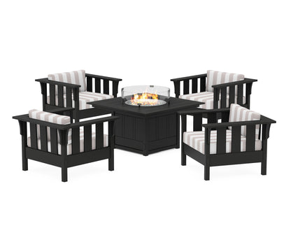 Martha Stewart by POLYWOOD® Acadia 5-Piece Deep Seating Set with Fire Pit Table in Black / Cabana Stripe Dune Burlap