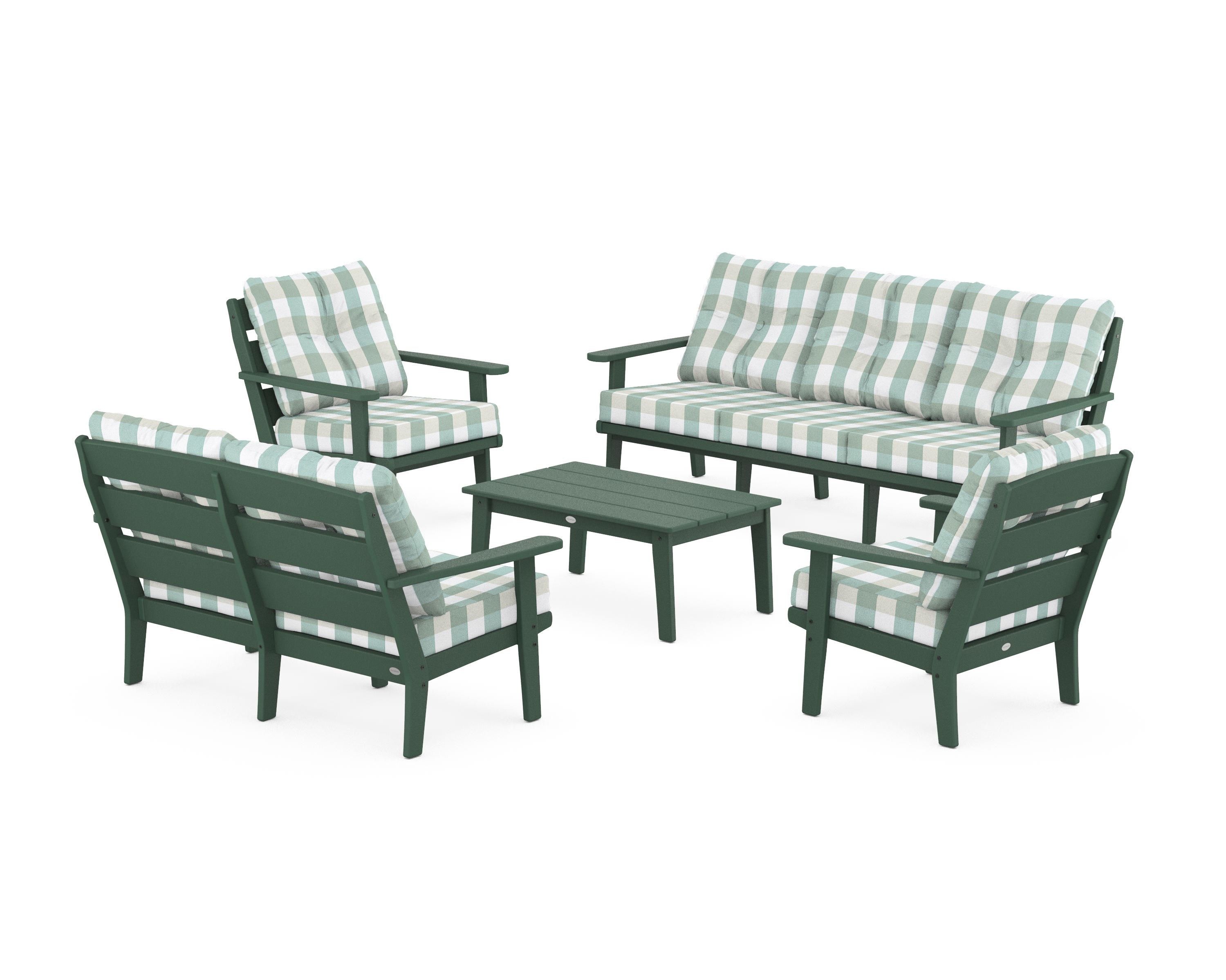POLYWOOD® Lakeside 5-Piece Lounge Sofa Set in Green / Buffalo Plaid Glacier Spa