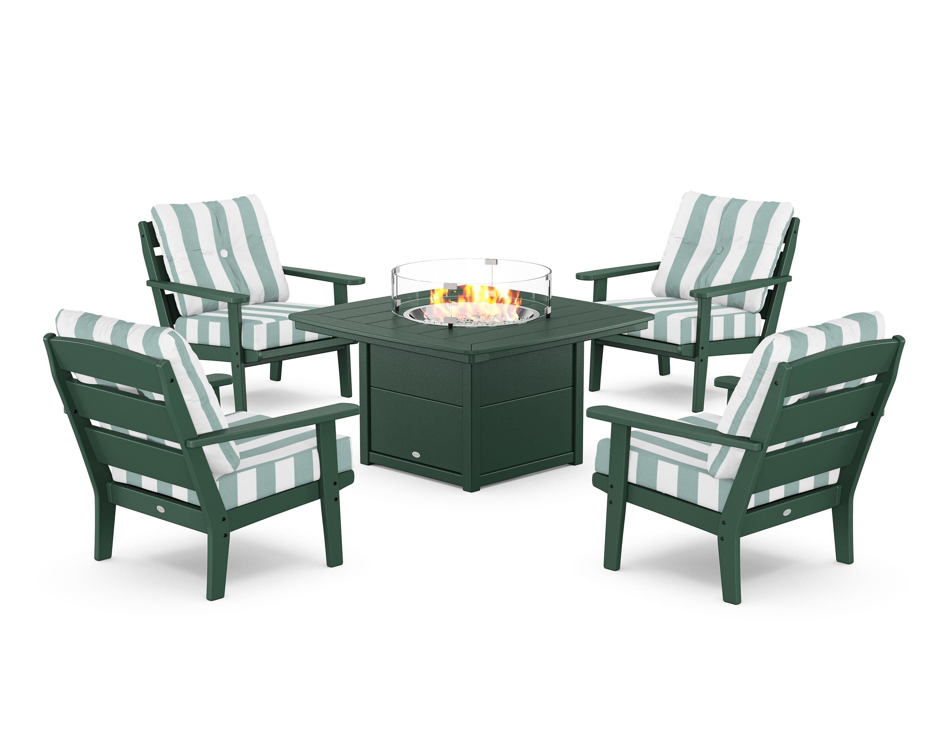 POLYWOOD® Lakeside 5-Piece Deep Seating Set with Nautical Fire Pit Table in Green / Cabana Stripe Glacier Spa