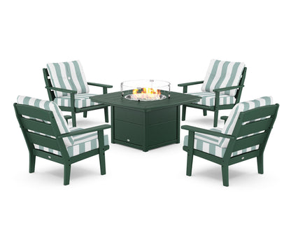POLYWOOD® Lakeside 5-Piece Deep Seating Set with Nautical Fire Pit Table in Green / Cabana Stripe Glacier Spa