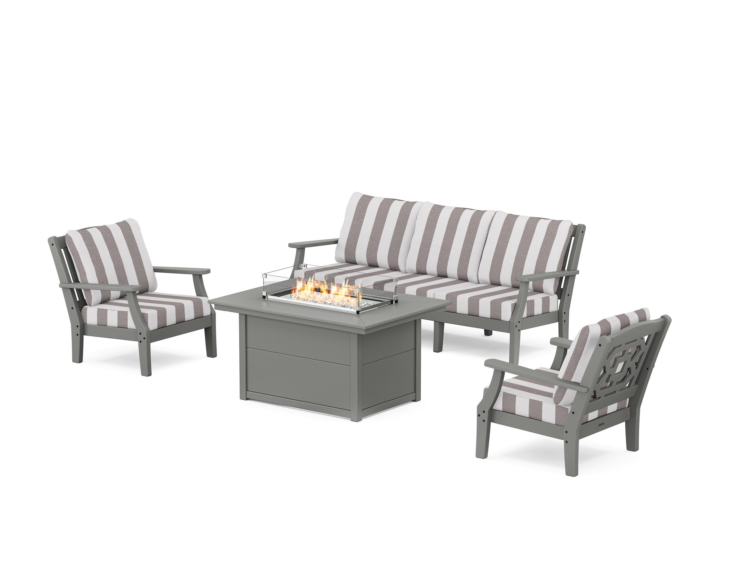 Martha Stewart by POLYWOOD® Chinoiserie Deep Seating Fire Pit Table Set in Slate Grey / Cabana Stripe Grey Mist