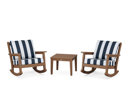 POLYWOOD® Chippendale 3-Piece Deep Seating Rocker Set in Teak / Cabana Stripe Marine Indigo