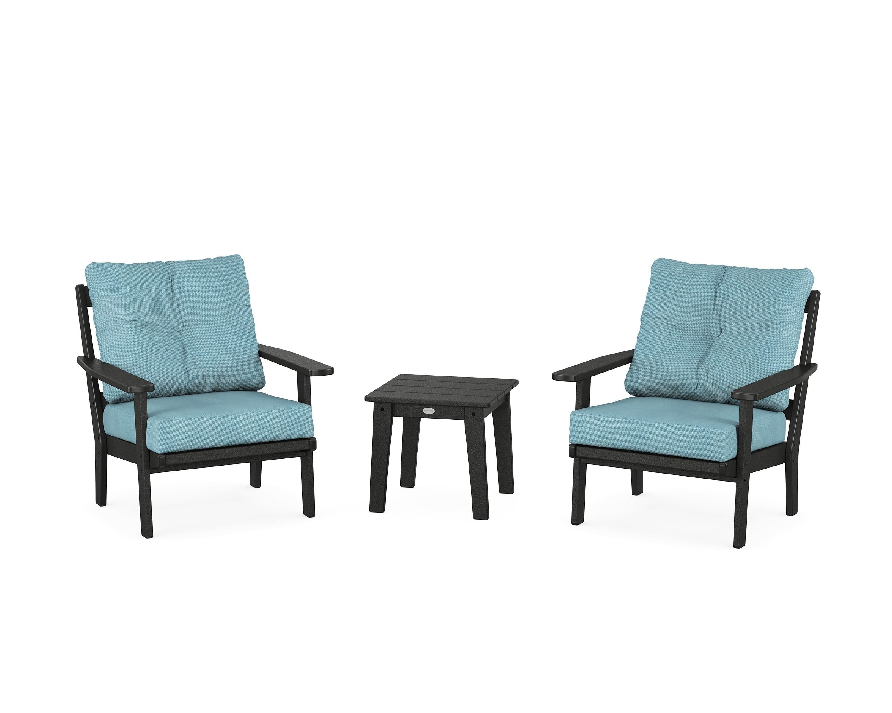 POLYWOOD® Oxford 3-Piece Deep Seating Set in Black / Lattice Sky Blue