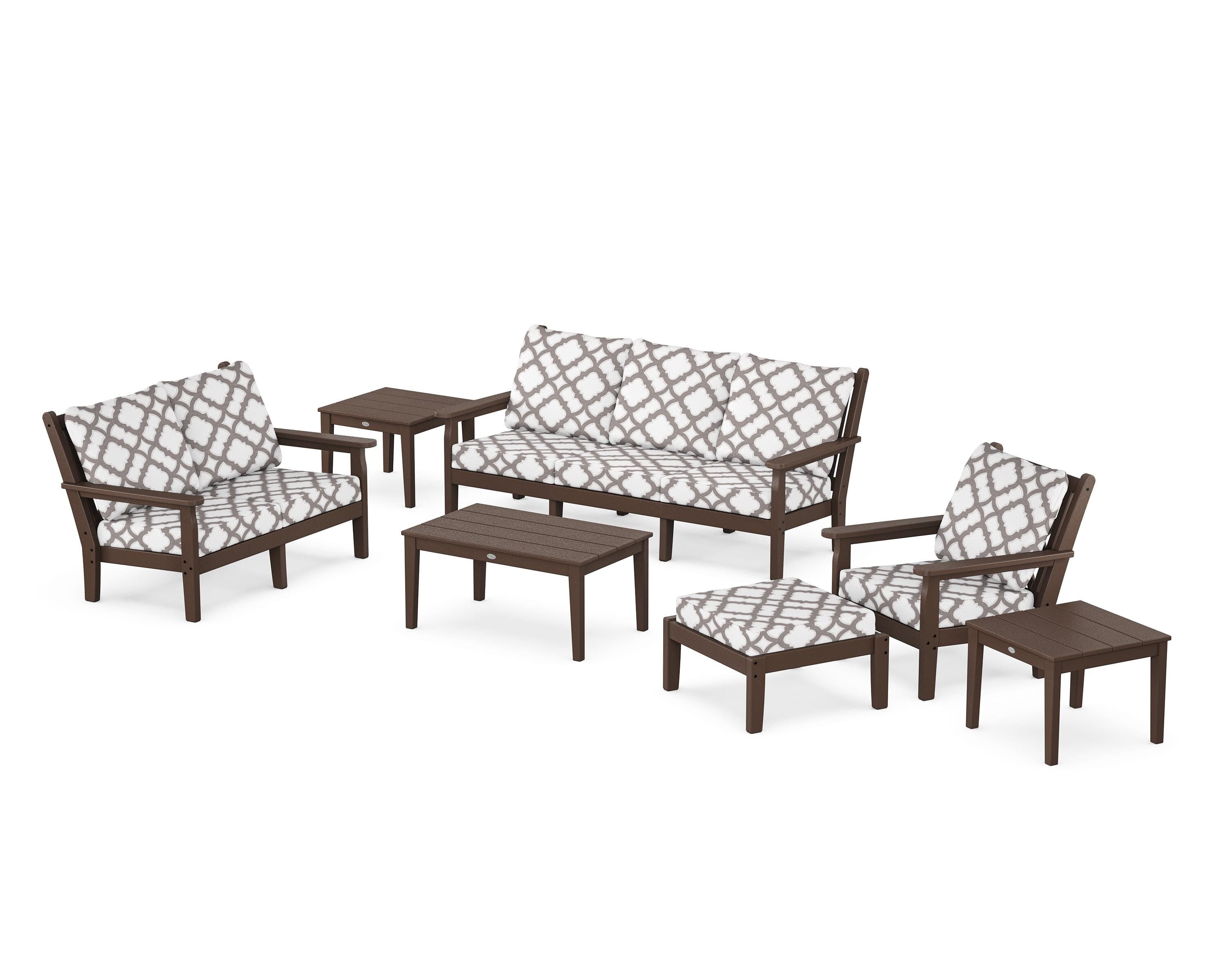 POLYWOOD® Chippendale 7-Piece Deep Seating Set in Mahogany / Trellis Grey Mist