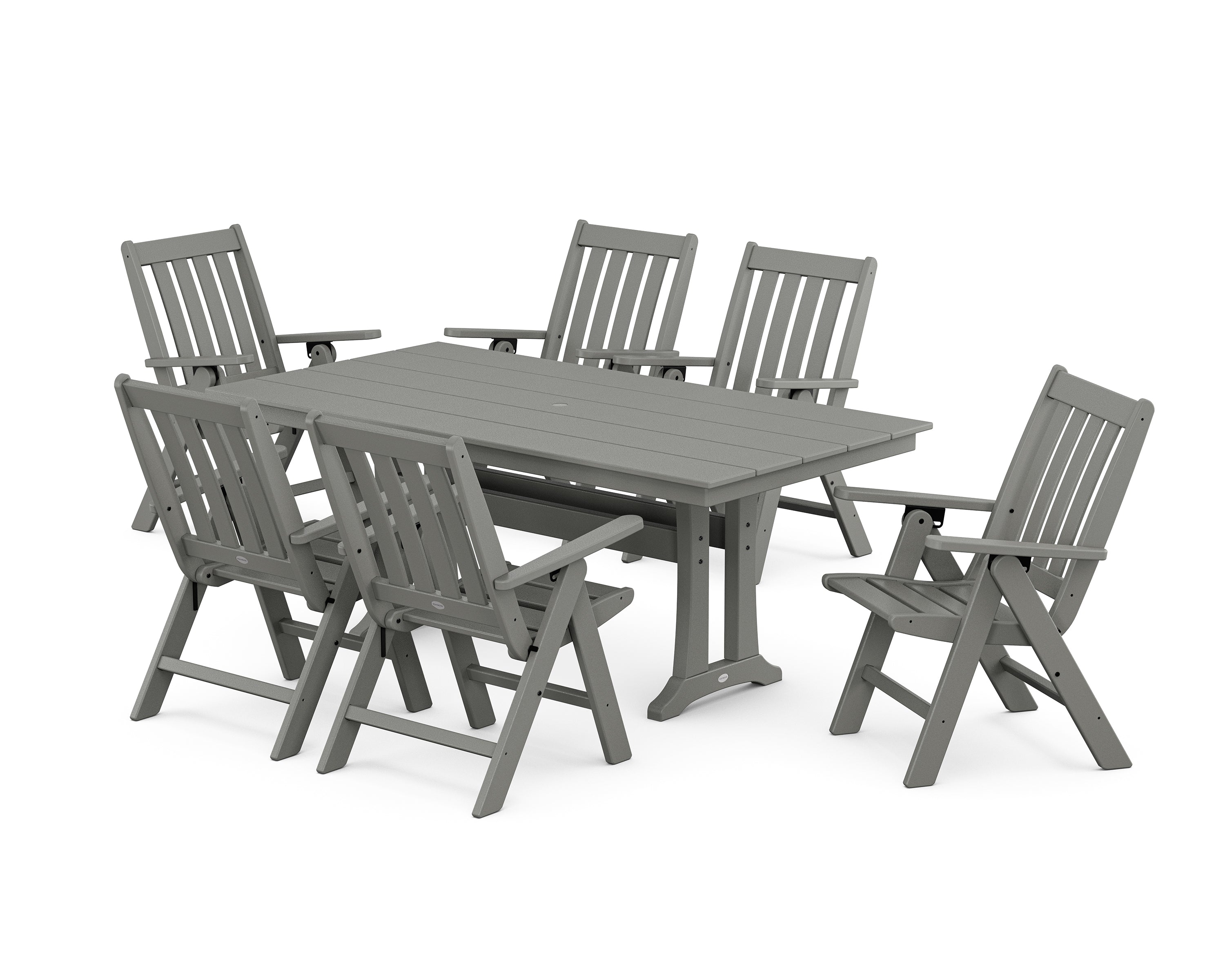 POLYWOOD® Vineyard Folding Chair 7-Piece Farmhouse Dining Set with Trestle Legs in Slate Grey