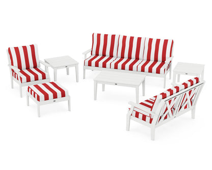 POLYWOOD® Braxton 7-Piece Deep Seating Set in White / Cabana Stripe Crimson