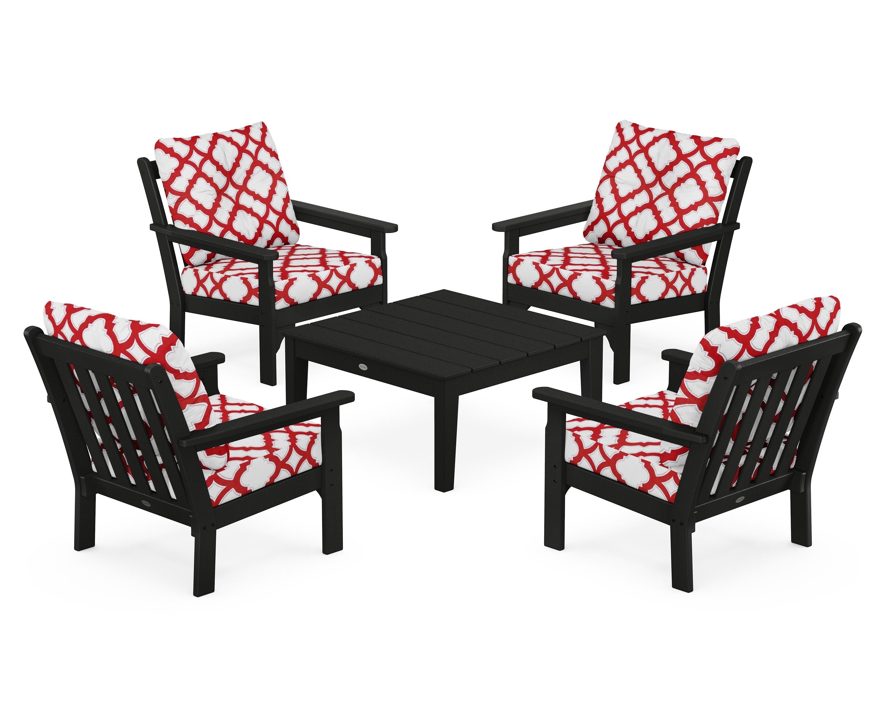 POLYWOOD® Vineyard 5-Piece Deep Seating Conversation Set in Black / Trellis Crimson