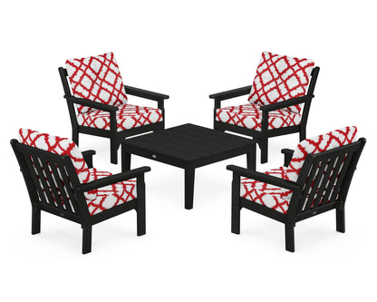 POLYWOOD® Vineyard 5-Piece Deep Seating Conversation Set in Black / Trellis Crimson