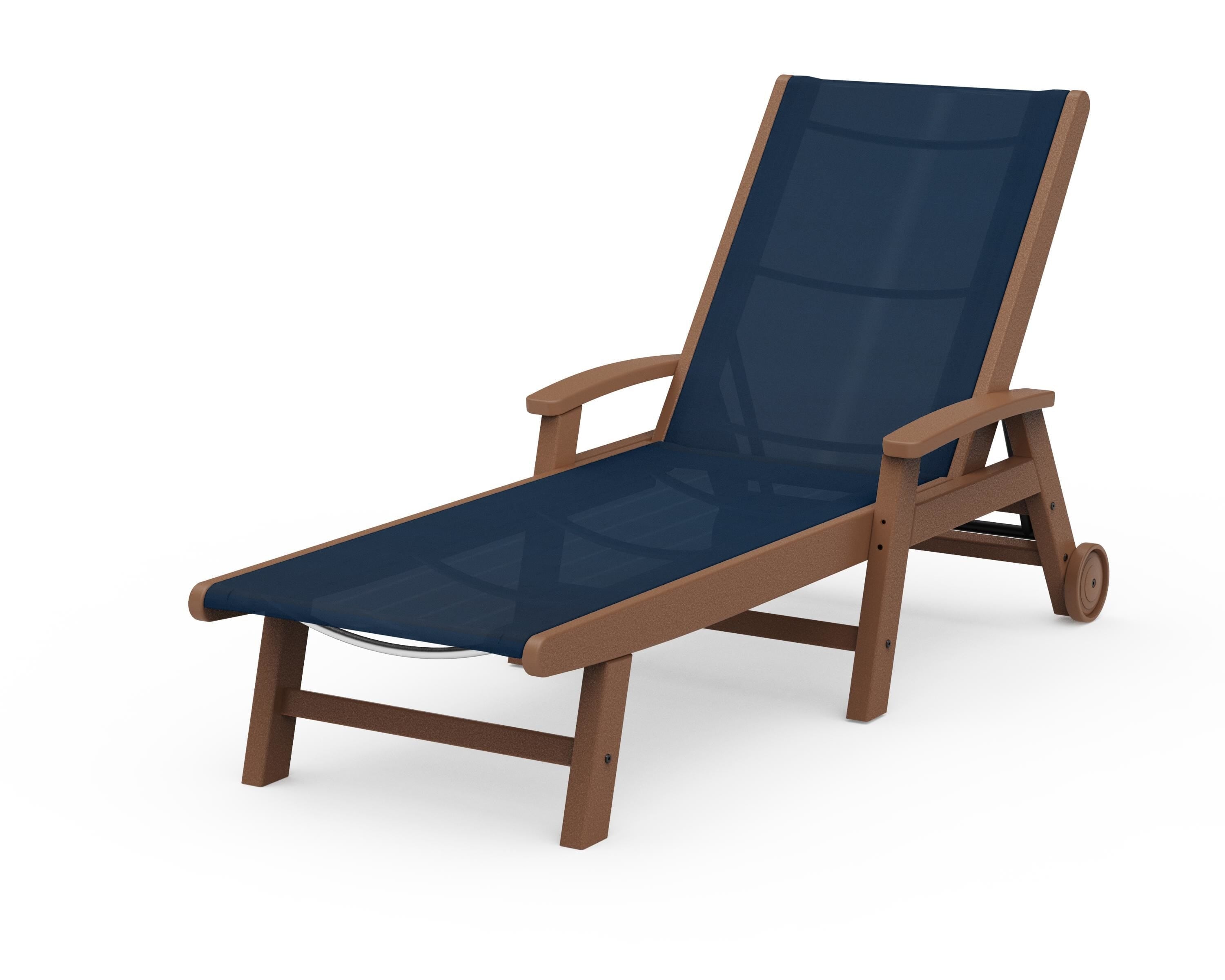 POLYWOOD® Coastal Chaise with Wheels in Teak / Navy Blue Sling
