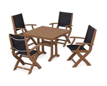 POLYWOOD® Coastal Folding Chair 5-Piece Farmhouse Dining Set With Trestle Legs in Teak / Black Sling
