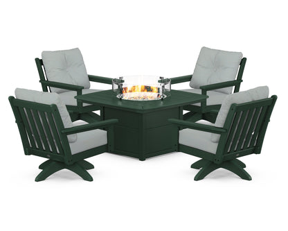 POLYWOOD® Vineyard 5-Piece Deep Seating Swivel Conversation Set with Fire Pit Table in Green / Spa