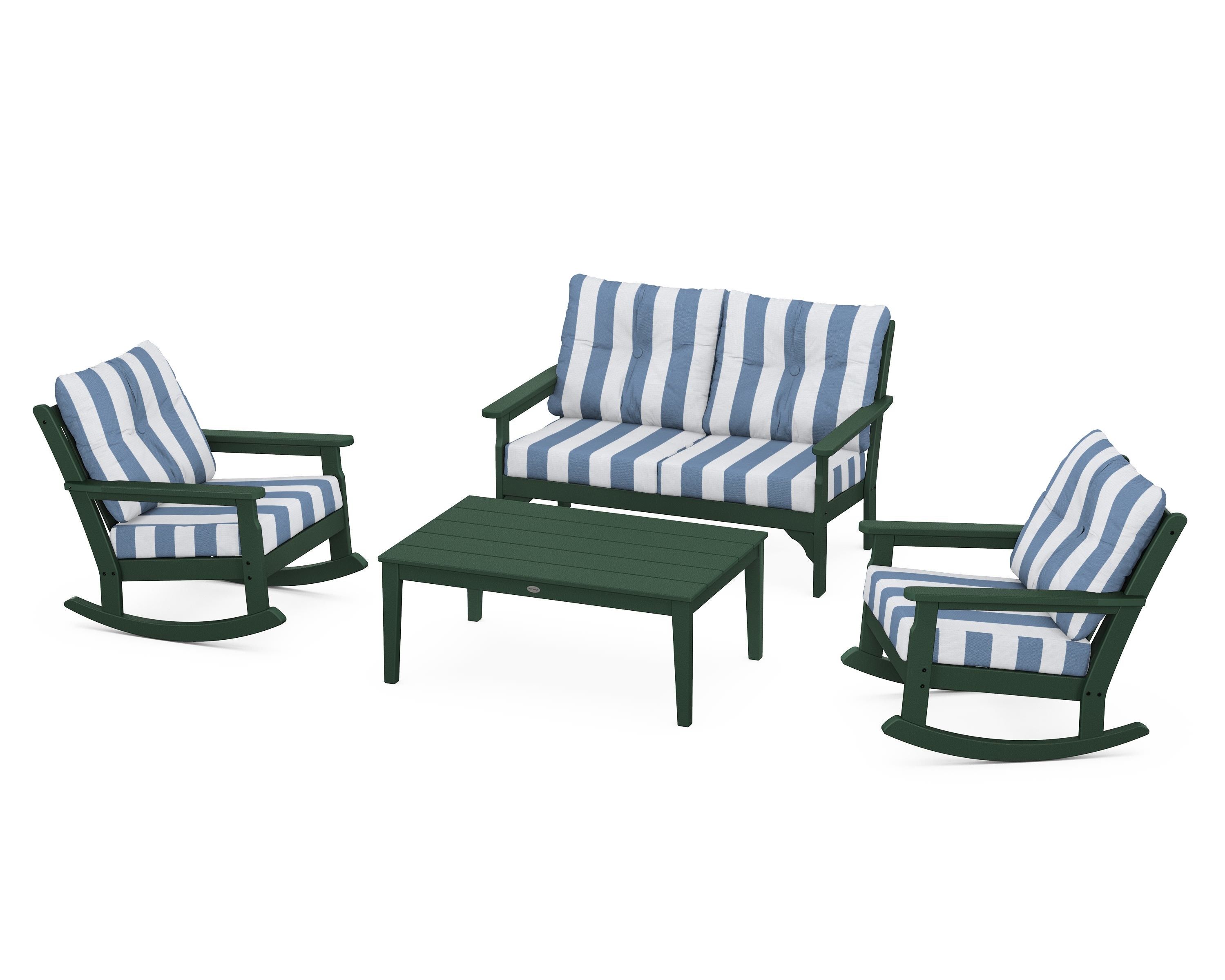 POLYWOOD® Vineyard 4-Piece Deep Seating Rocking Chair Set in Green / Cabana Stripe Sky Blue