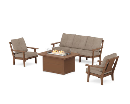 POLYWOOD® Prairie Deep Seating Fire Pit Table Set in Teak / Spiced Burlap