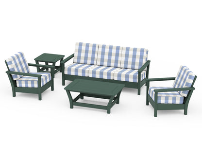 POLYWOOD® Harbour 5-Piece Deep Seating Set in Green / Buffalo Plaid Sky Blue