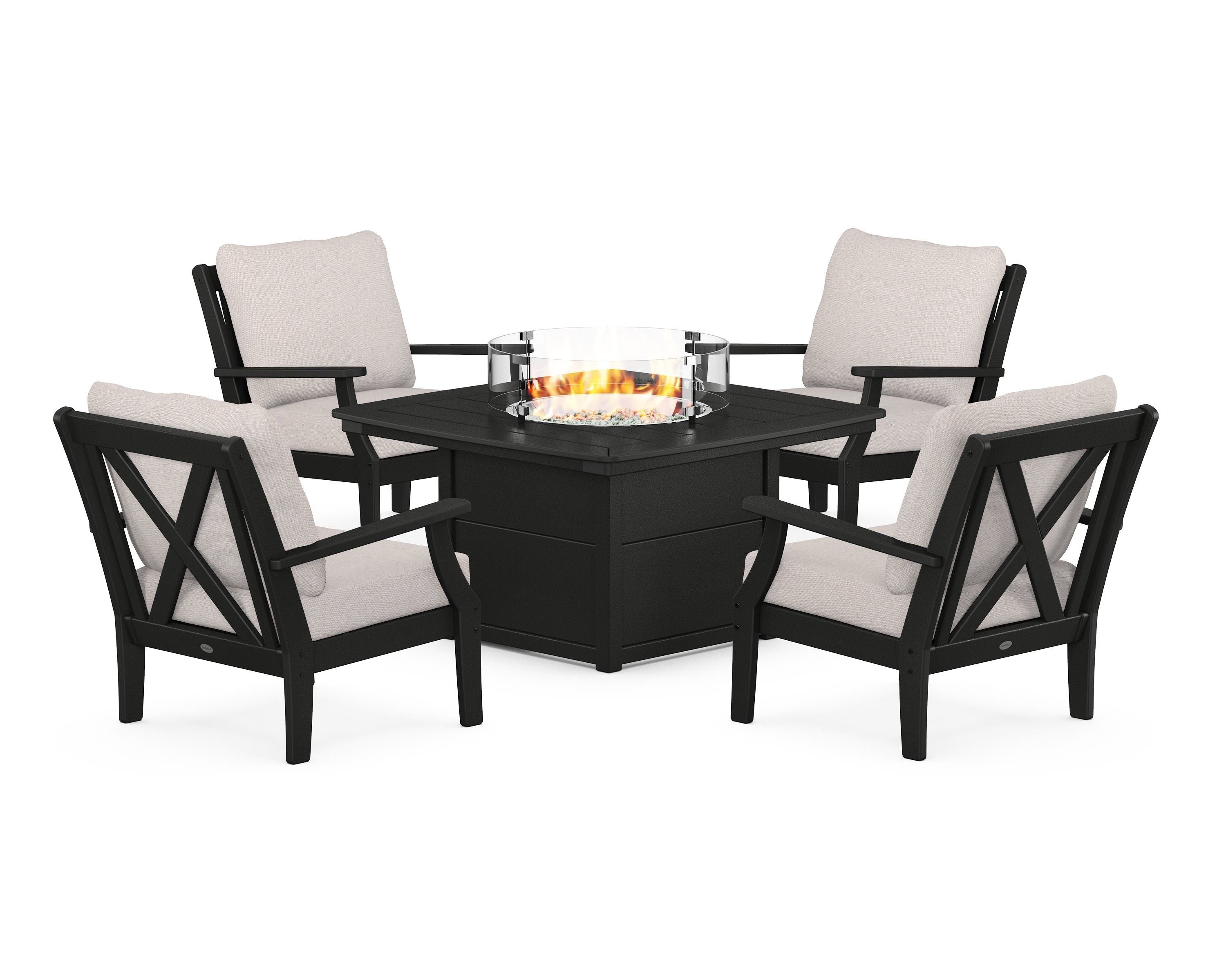 POLYWOOD® Braxton 5-Piece Deep Seating Conversation Set with Fire Pit Table in Black / Dune Burlap