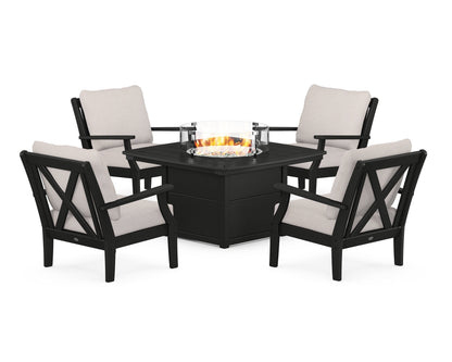 POLYWOOD® Braxton 5-Piece Deep Seating Conversation Set with Fire Pit Table in Black / Dune Burlap