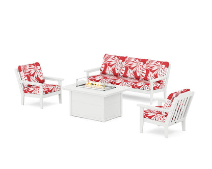 Country Living Cottage Deep Seating Fire Pit Table Set in White / Leaf Crimson
