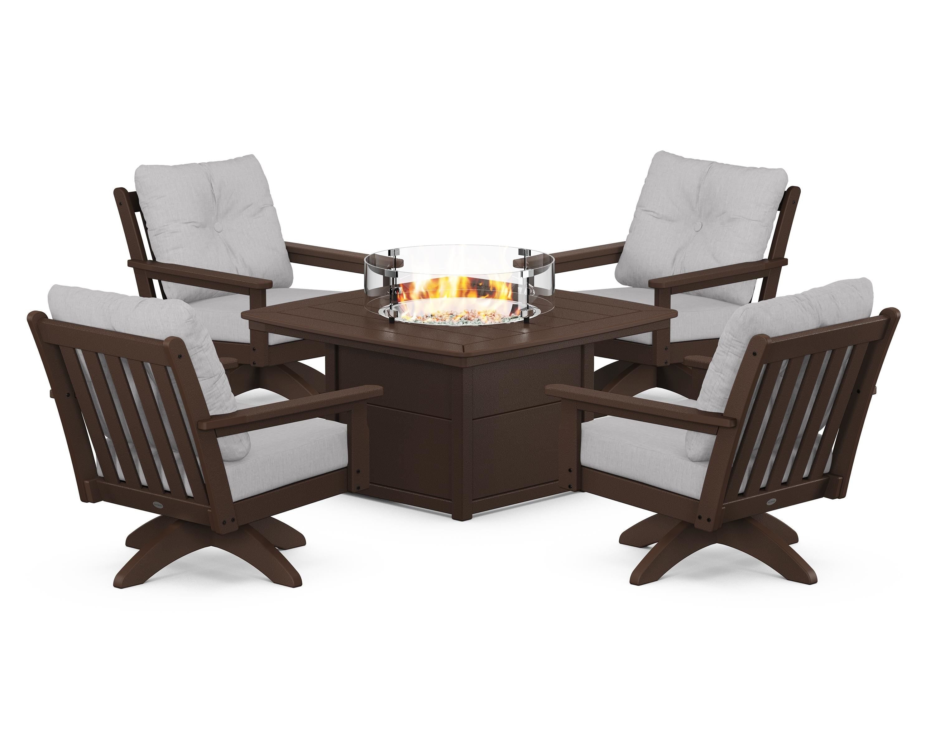 POLYWOOD® Vineyard 5-Piece Deep Seating Swivel Conversation Set with Fire Pit Table in Mahogany / Granite