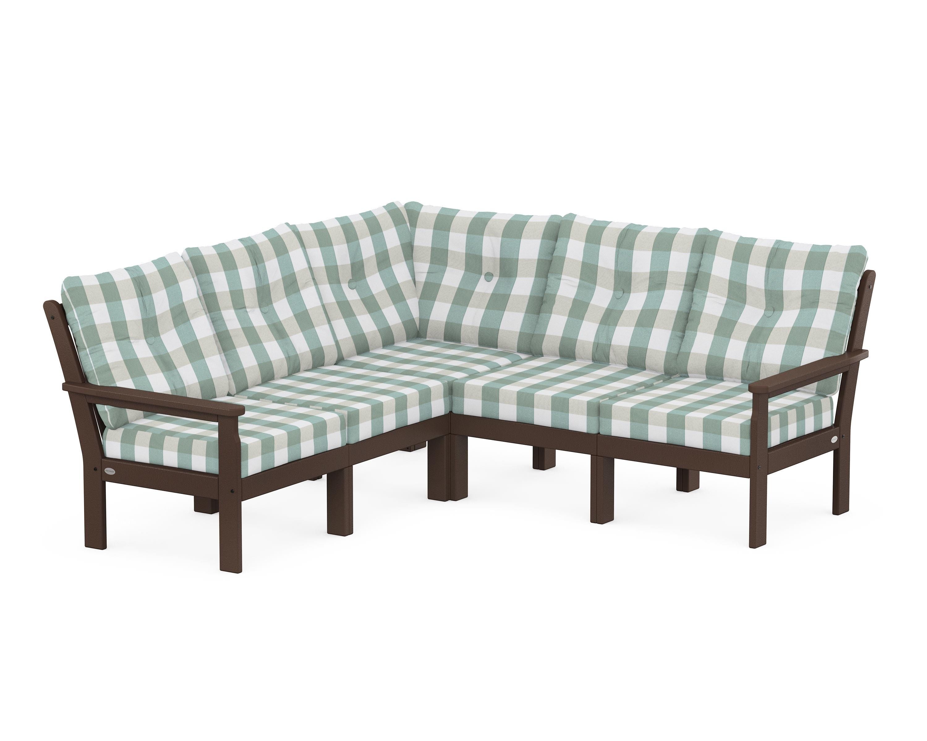 POLYWOOD® Vineyard 5-Piece Sectional in Mahogany / Buffalo Plaid Glacier Spa