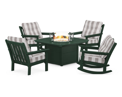 POLYWOOD® Vineyard 5-Piece Deep Seating Rocking Chair Conversation Set with Fire Pit Table in Green / Buffalo Plaid Grey Mist