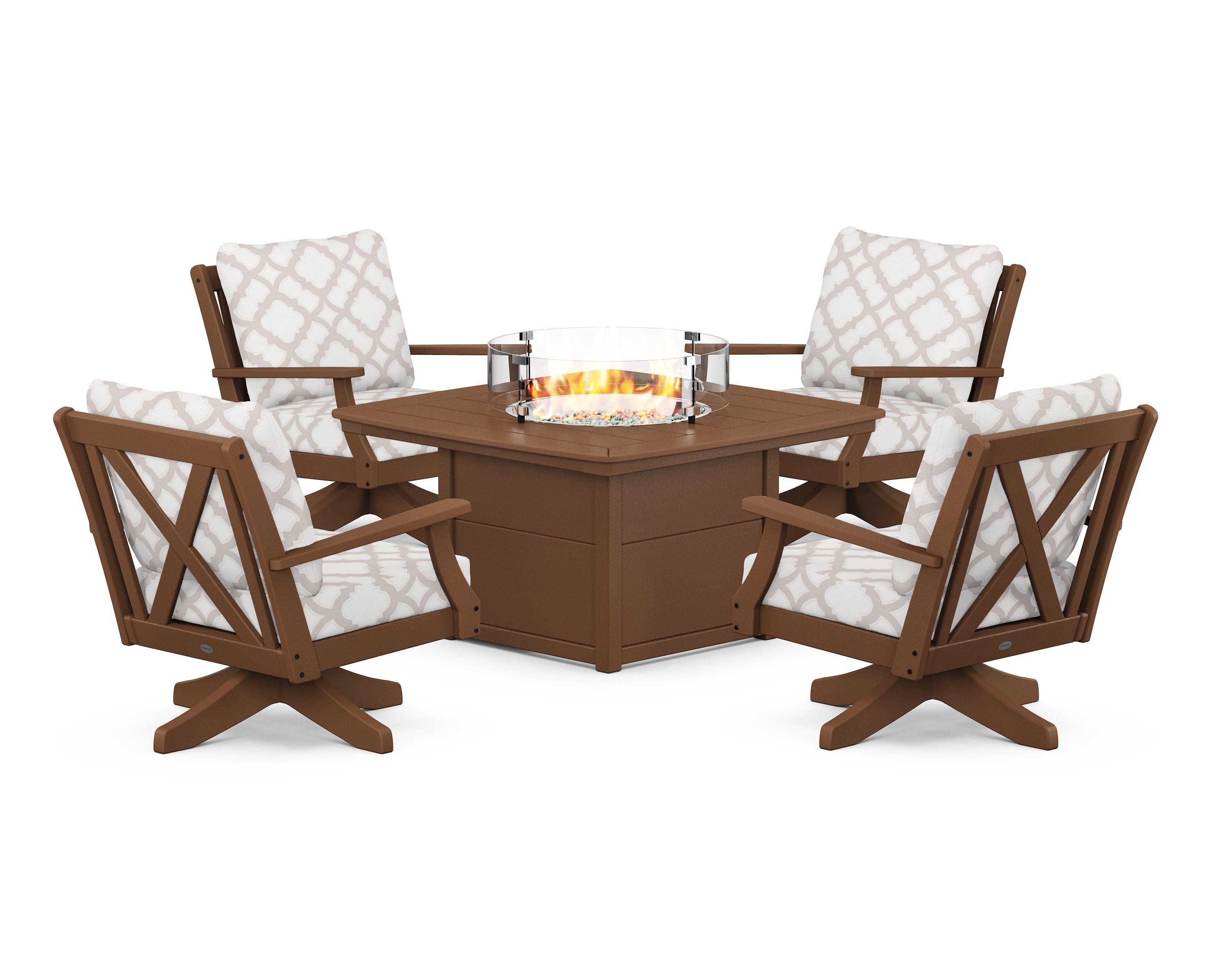 POLYWOOD® Braxton 5-Piece Deep Seating Swivel Conversation Set with Fire Pit Table in Teak / Trellis Dune Burlap