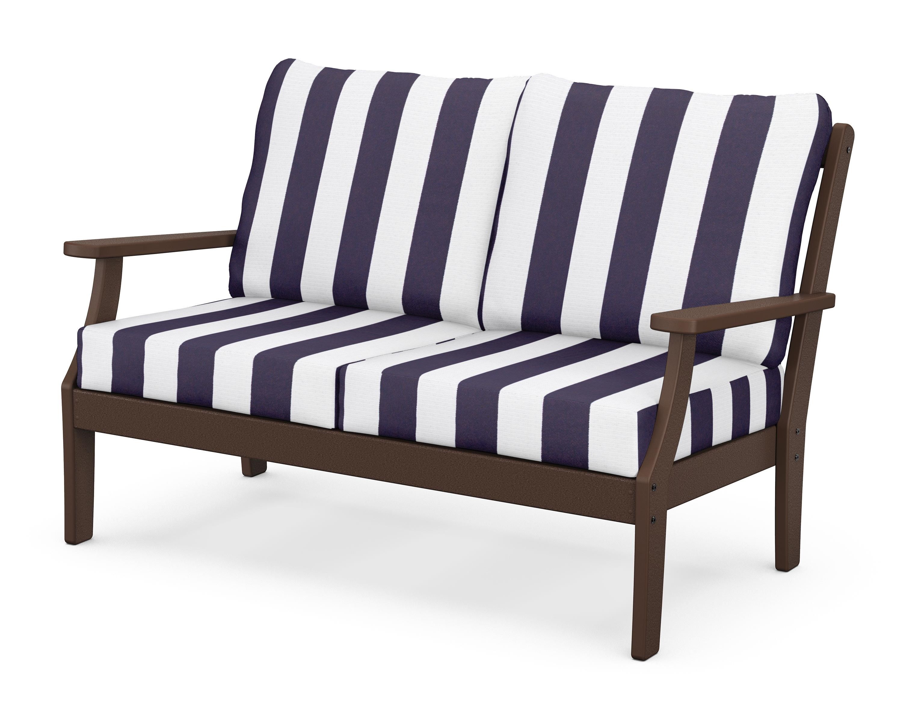POLYWOOD® Braxton Deep Seating Loveseat in Mahogany / Cabana Stripe Navy
