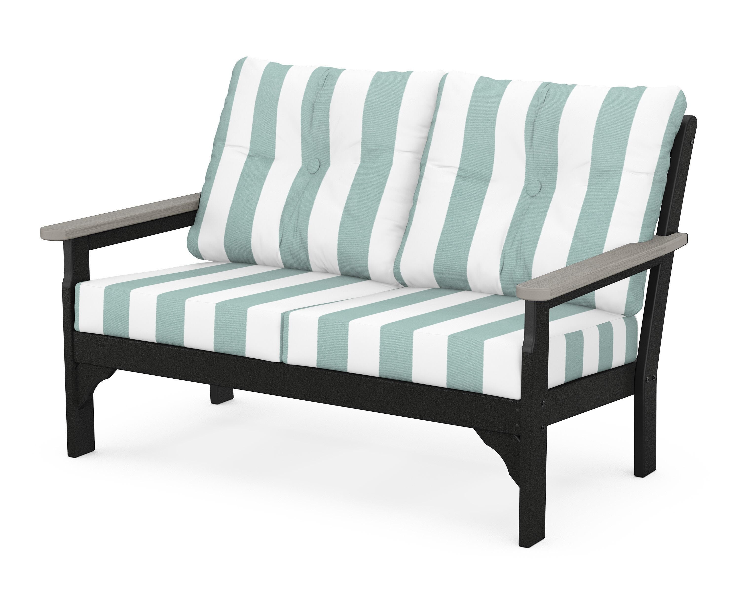 POLYWOOD® Vineyard Deep Seating Loveseat in Black / Driftwood / Cabana Stripe Glacier Spa