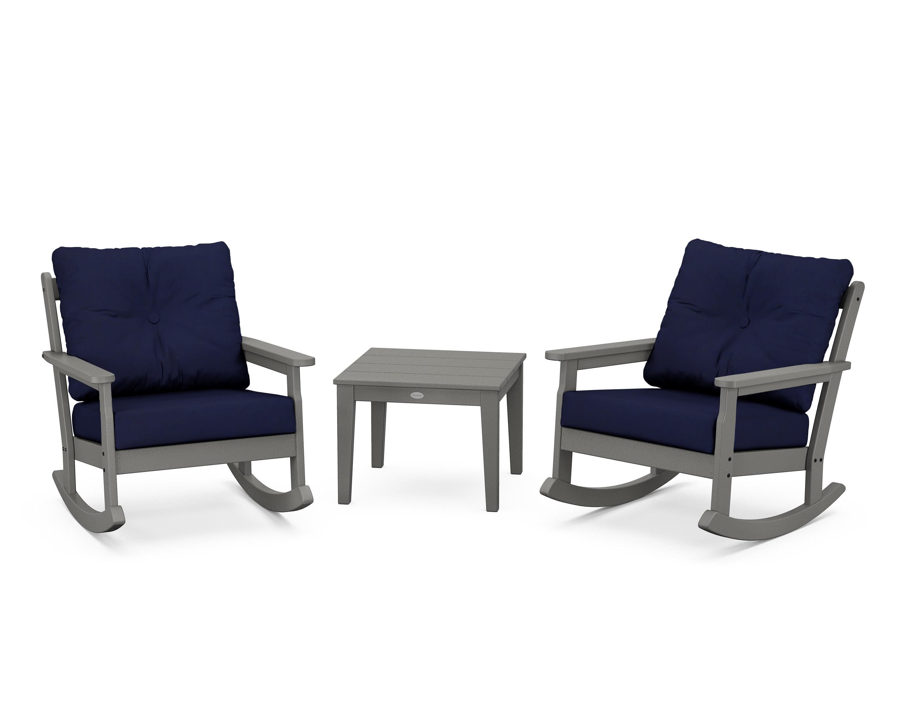 POLYWOOD® Vineyard 3-Piece Deep Seating Rocker Set in Slate Grey / Navy