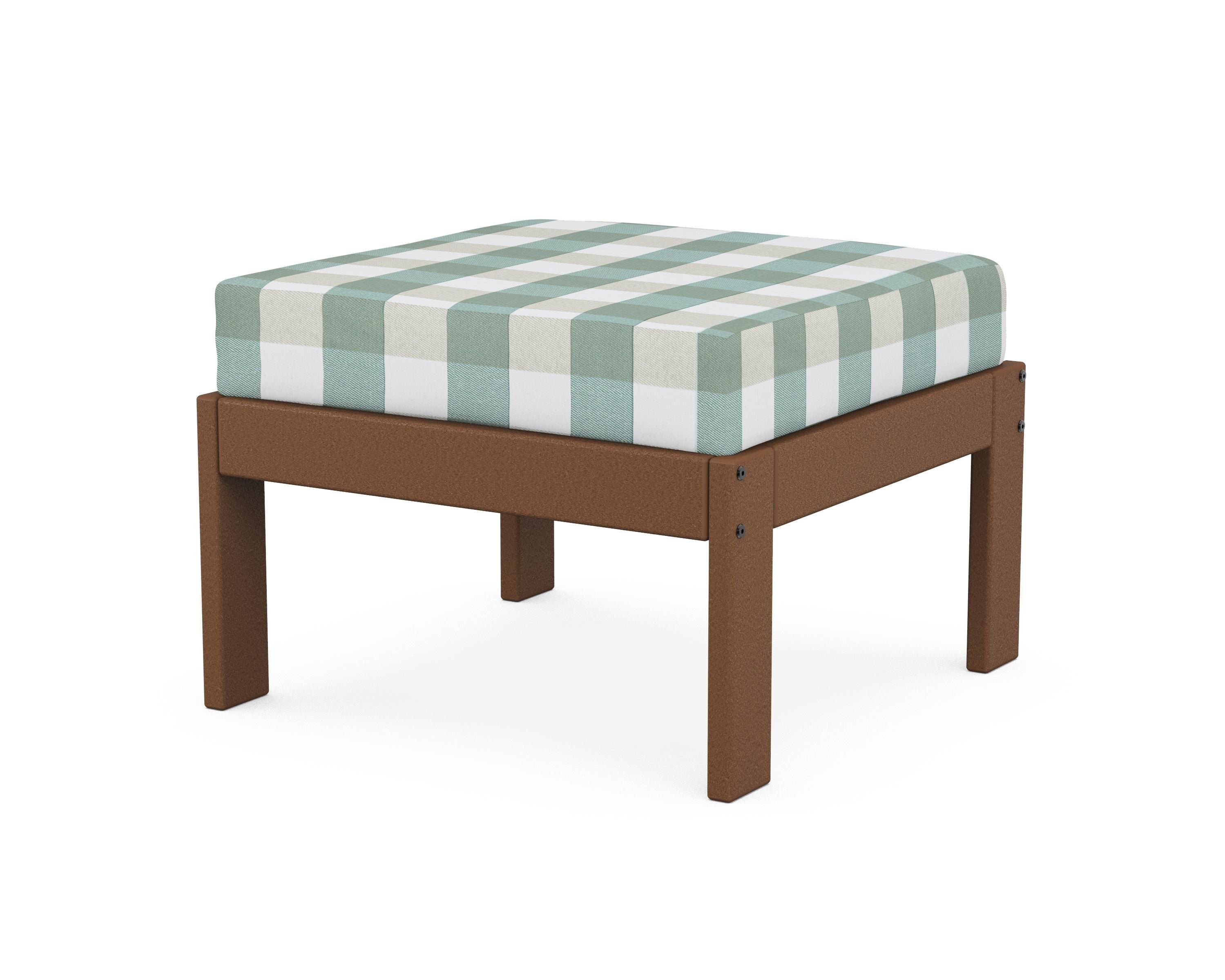 POLYWOOD® Vineyard Modular Ottoman in Teak / Buffalo Plaid Glacier Spa